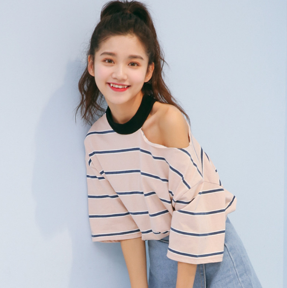 韩版露单肩小清新条纹宽松圆领中袖t恤